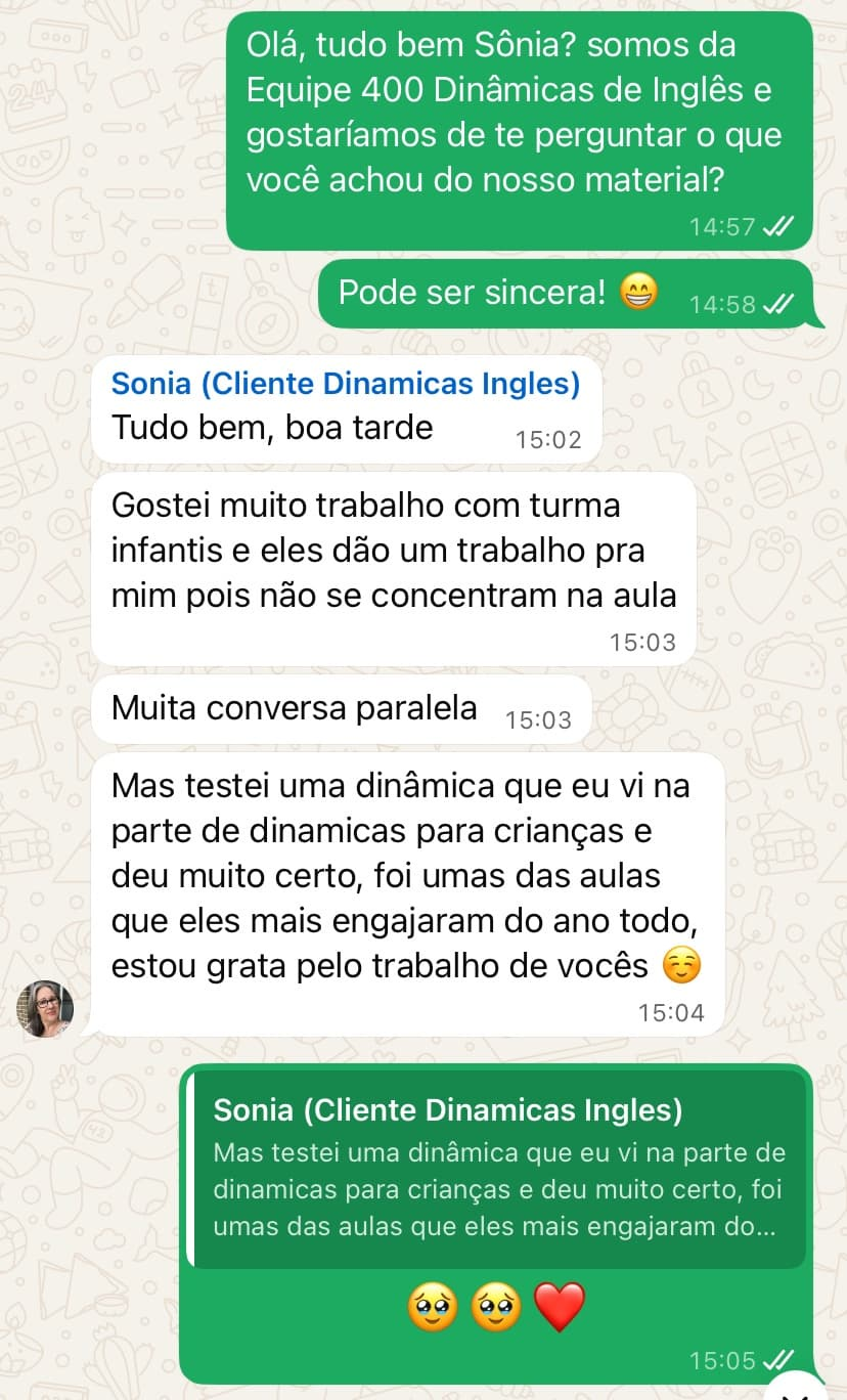Depoimento WhatsApp de Sonia, cliente das 400 Dinâmicas de Inglês