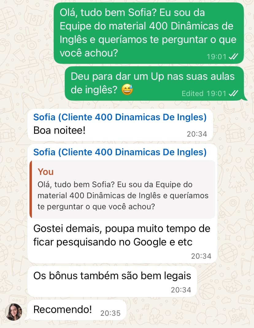 Depoimento WhatsApp de Sofia, cliente das 400 Dinâmicas de Inglês