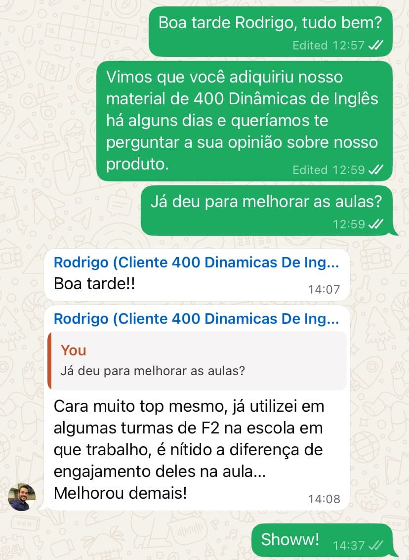 Depoimento WhatsApp de Rodrigo, cliente das 400 Dinâmicas de Inglês