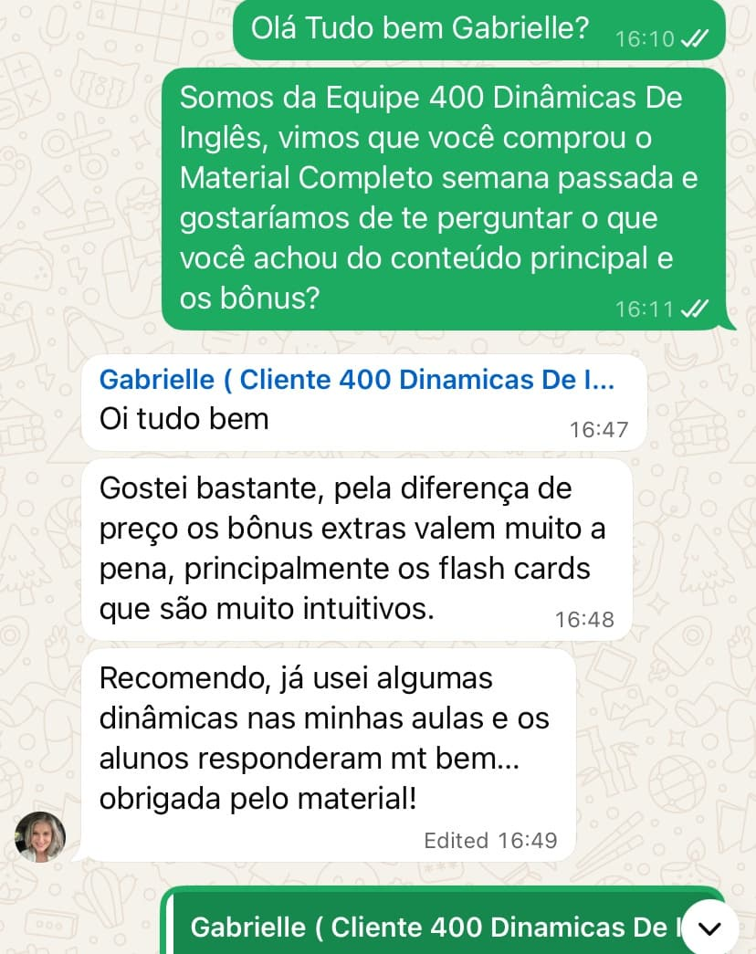 Depoimento WhatsApp de Gabrielle, cliente das 400 Dinâmicas de Inglês