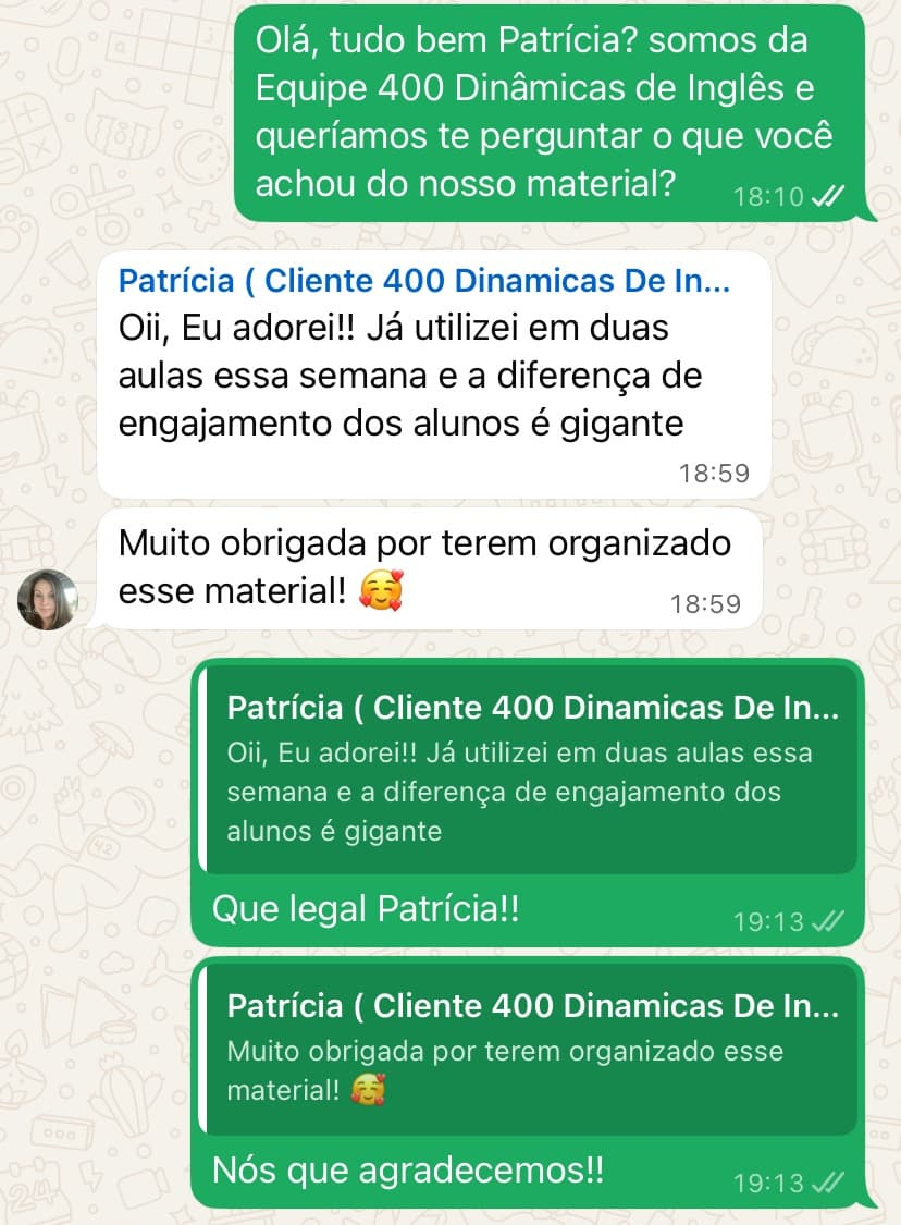 Depoimento WhatsApp de Patrícia, cliente das 400 Dinâmicas de Inglês