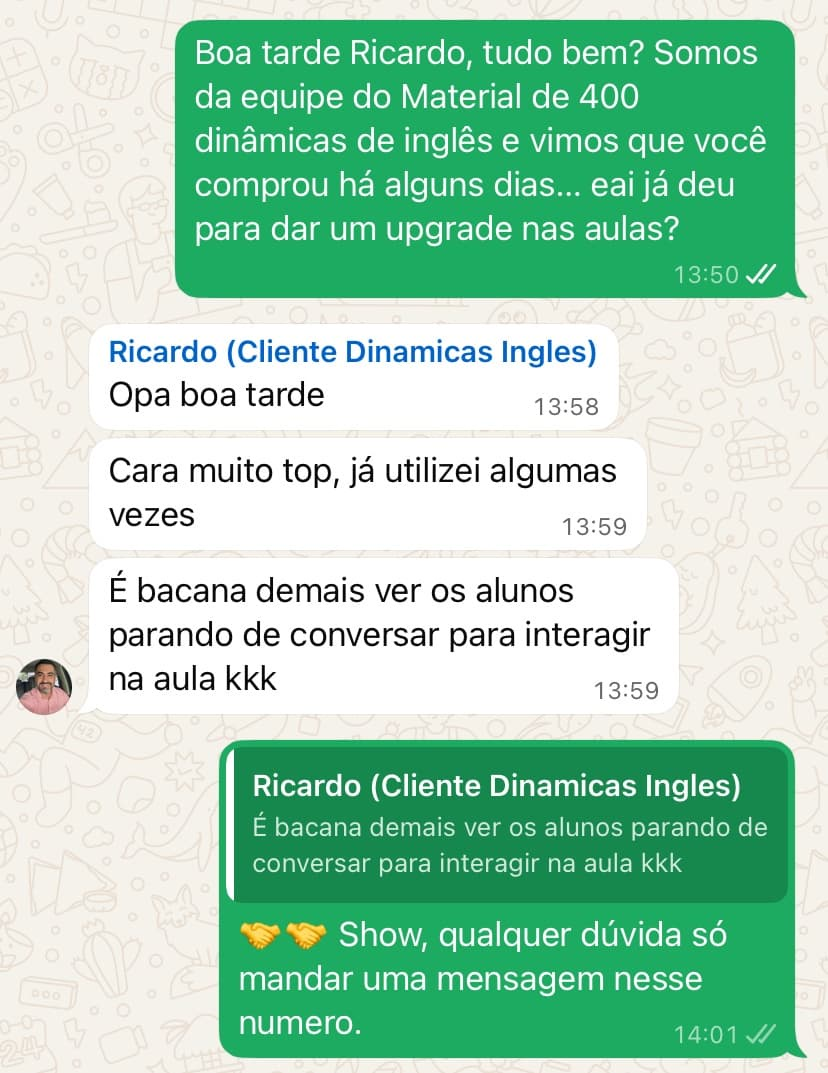 Depoimento WhatsApp de Ricardo, cliente das 400 Dinâmicas de Inglês